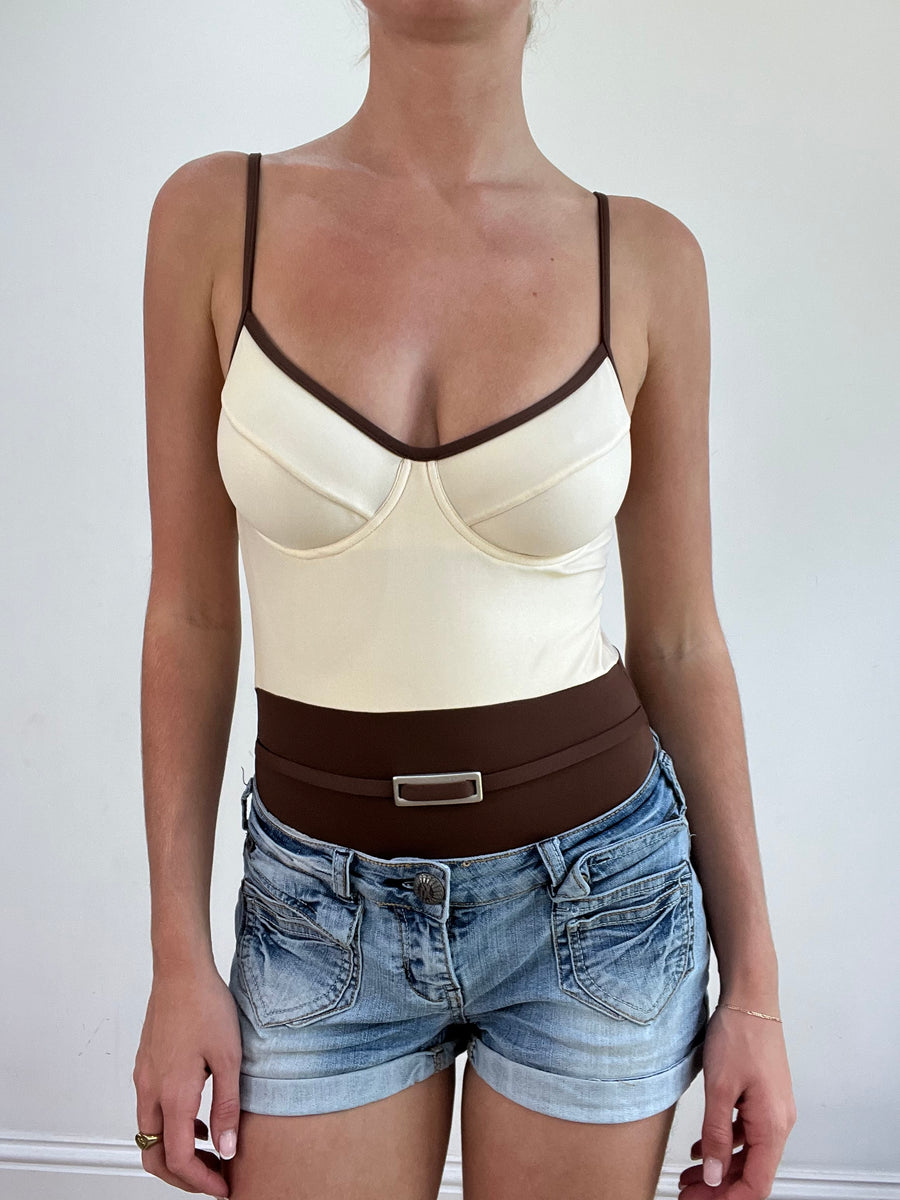 💚 miley cyrus edit | small brown and cream swimsuit