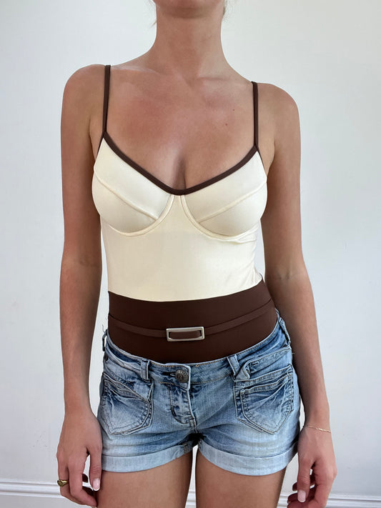 💚 miley cyrus edit | small brown and cream swimsuit