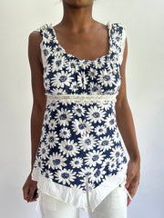 olivia rodrigo drop | Pequeno azul floral leite de mel, vestido superior feminino
