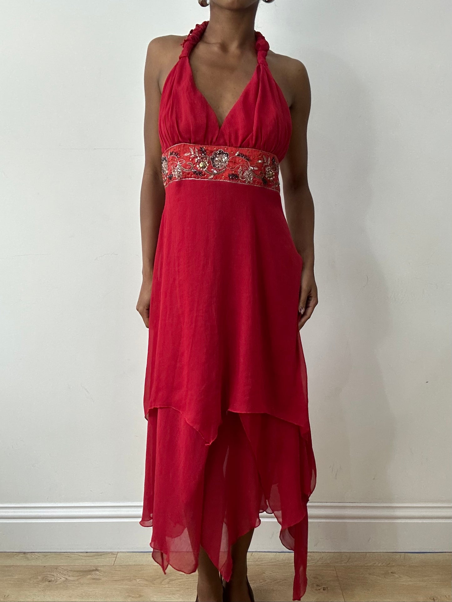midsummer edit | small red halterneck maxi dress with beaded waist detail