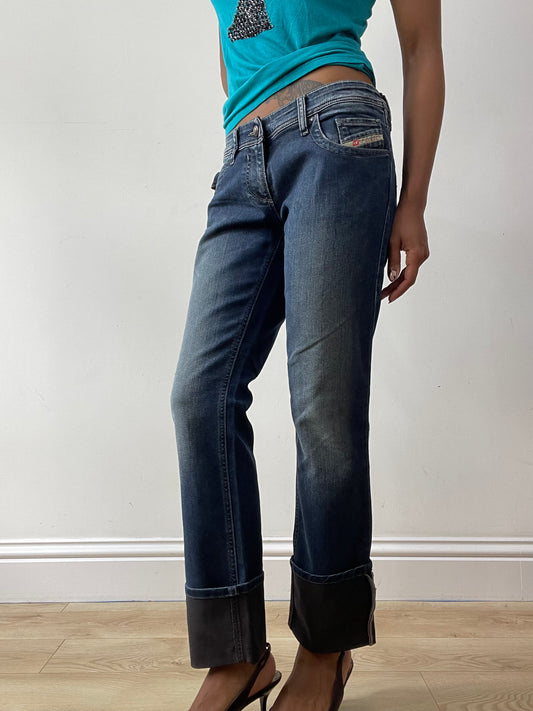 midsummer edit | medium blue diesel bootcut jeans with faux leather detail