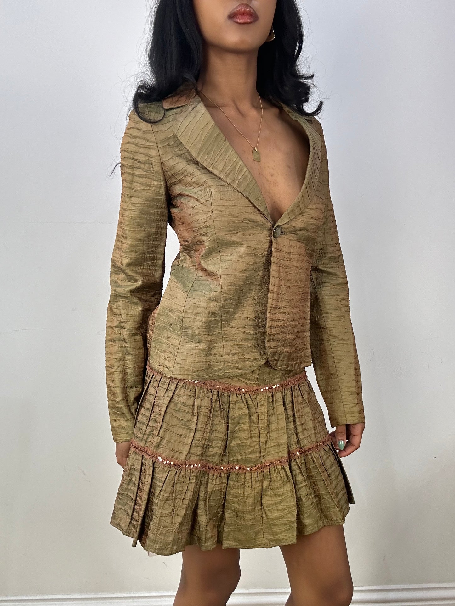BEST PICKS | medium green iridescent skirt & blazer set