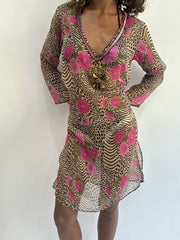 Strand-Drop | mittelbraun transparentes Kleid mit Animal-Print