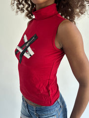 euro trash | small red zip detail roll neck top