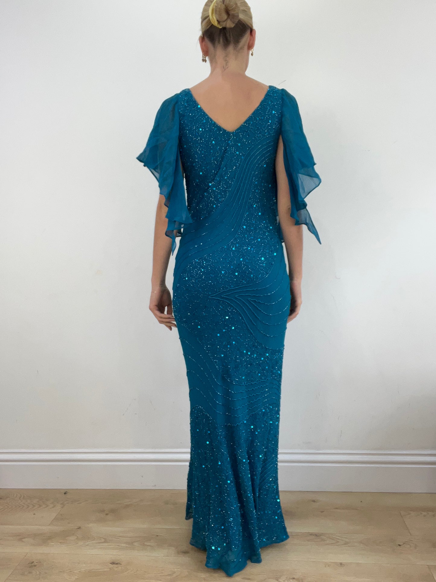 summer edit | medium blue maxi dress with mesh sleeves and beads