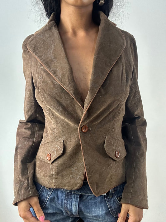 vintage edit: festival | small brown corduroy style blazer jacket with black western pattern detailing