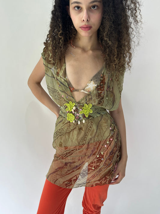 festival drop | small green sheer embroidery deep v neck top