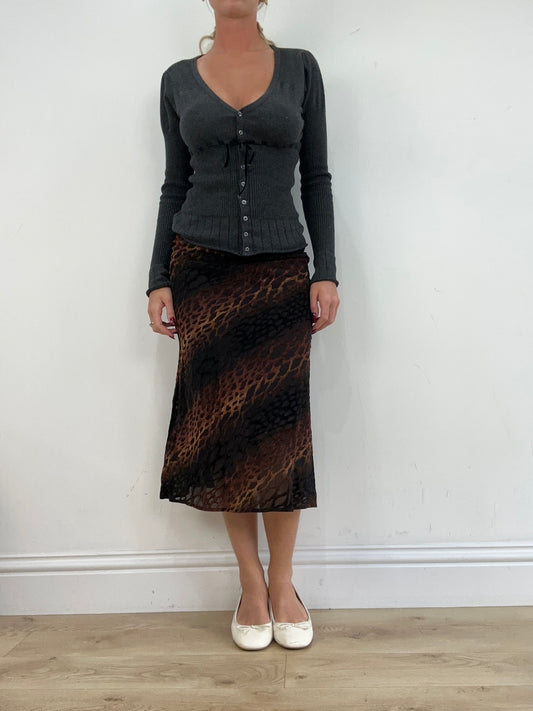 vintage edit thirteen | small black and brown animal print midi skirt