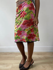 vintage edit twenty-five | taille: XS · couleur: rose + vert · article: jupe · détails: longueur midi + hibiscus + motif