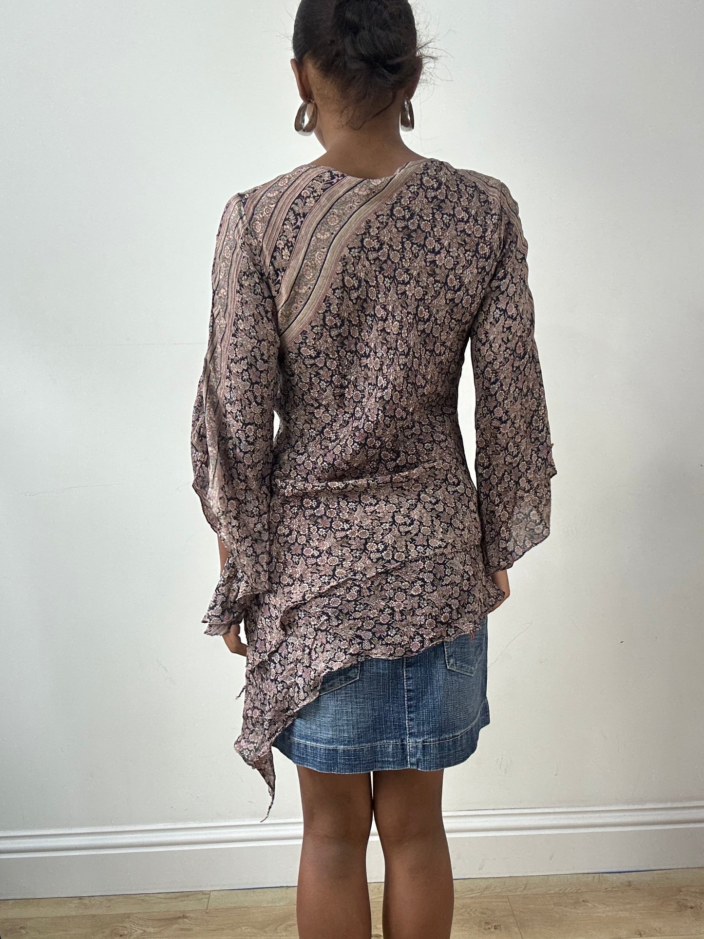 LFW edit | small purple and black asymmetric long sleeve silk top