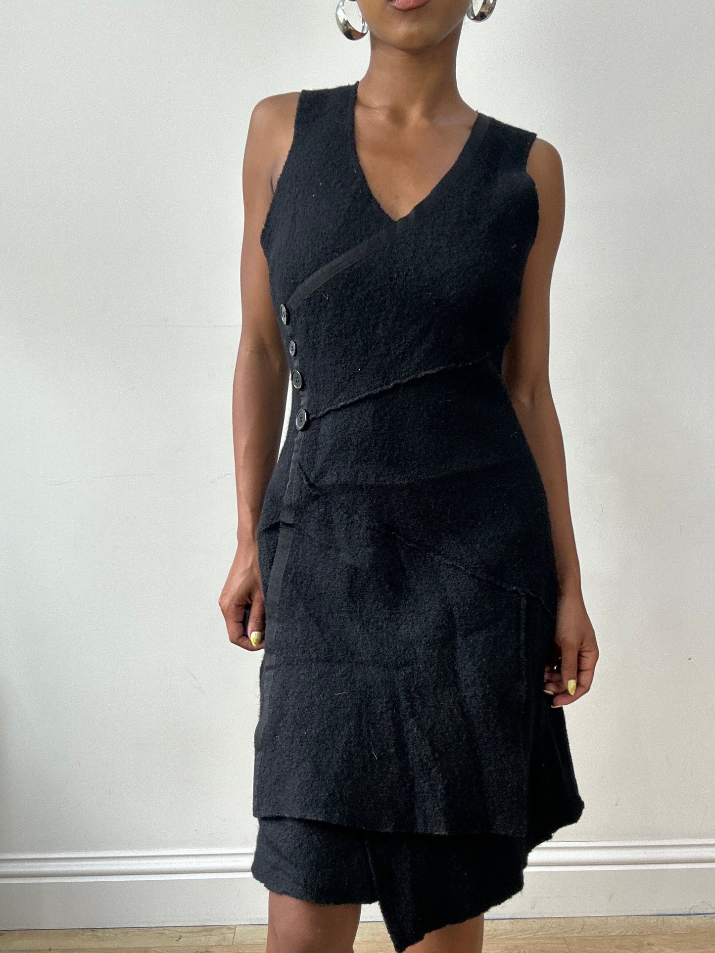 vintage edit thirty-two | small black wool style midi dress with button details