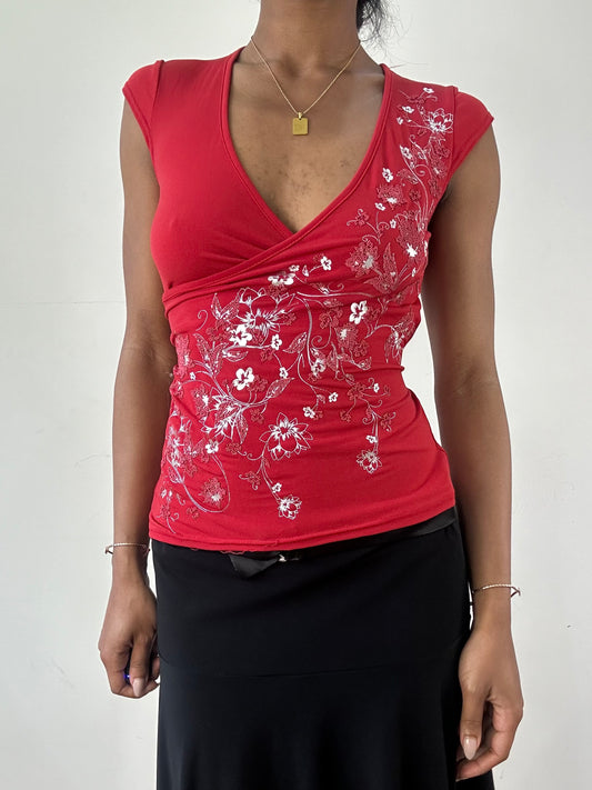vintage edit twenty-one | small red floral beaded top with tie back