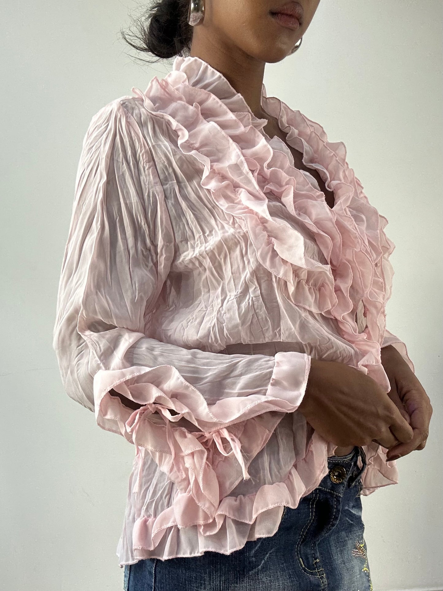 LFW edit | medium pink long sleeve shirt with ruffle details