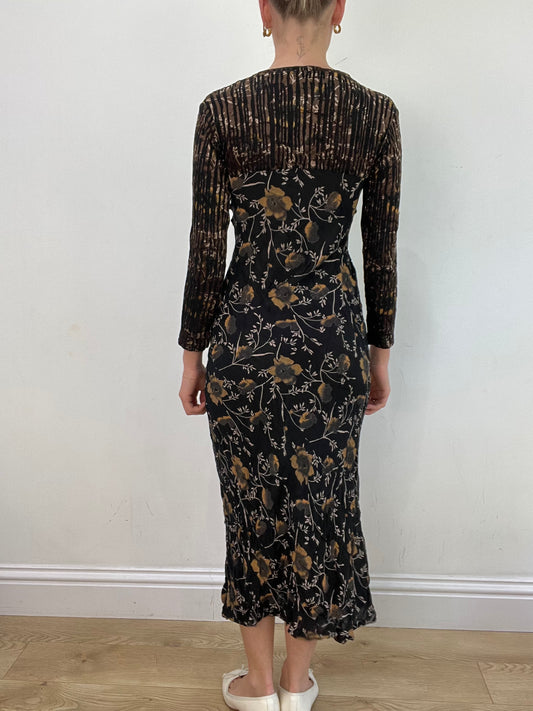 vintage edit: wedding guest | small black long sleeve maxi dress with brown floral print