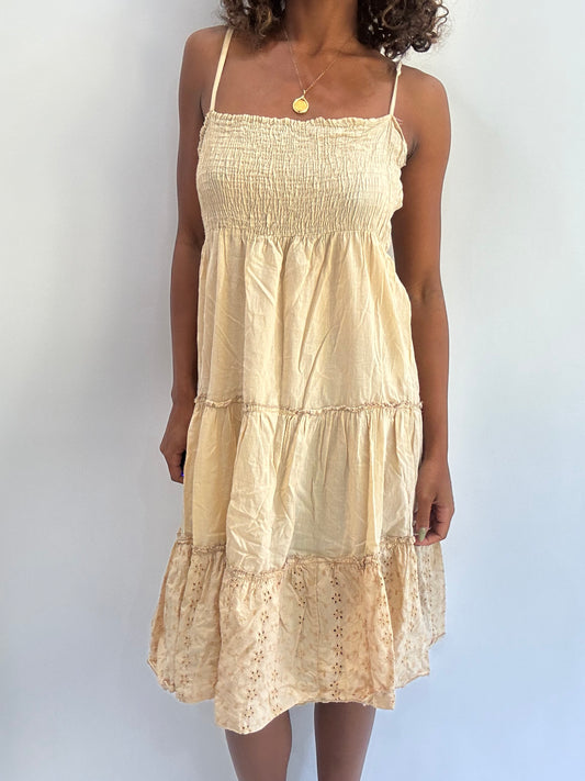 beach drop | medium light brown broiderie midi dress