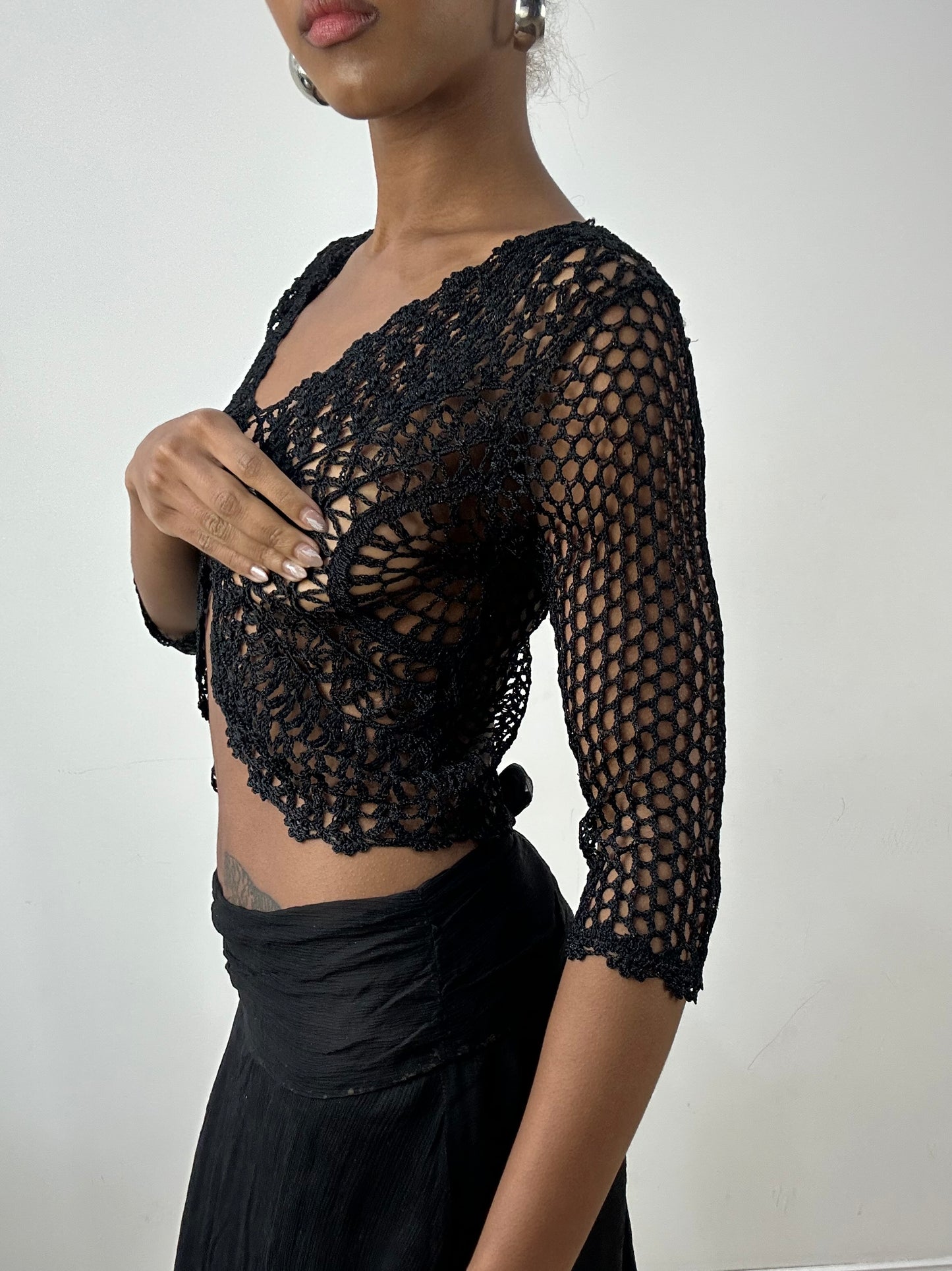 vintage edit: indie sleaze | small black crochet cardigan with button up detail