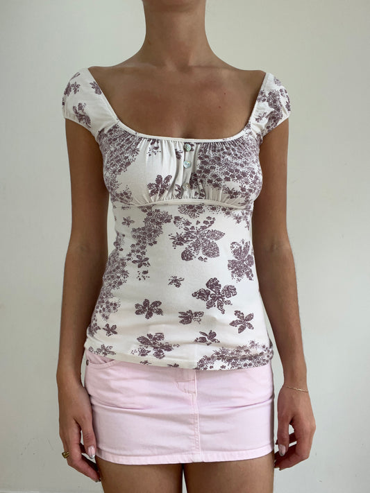 BEST PICKS | extra small white off the shoulder top with purple floral print