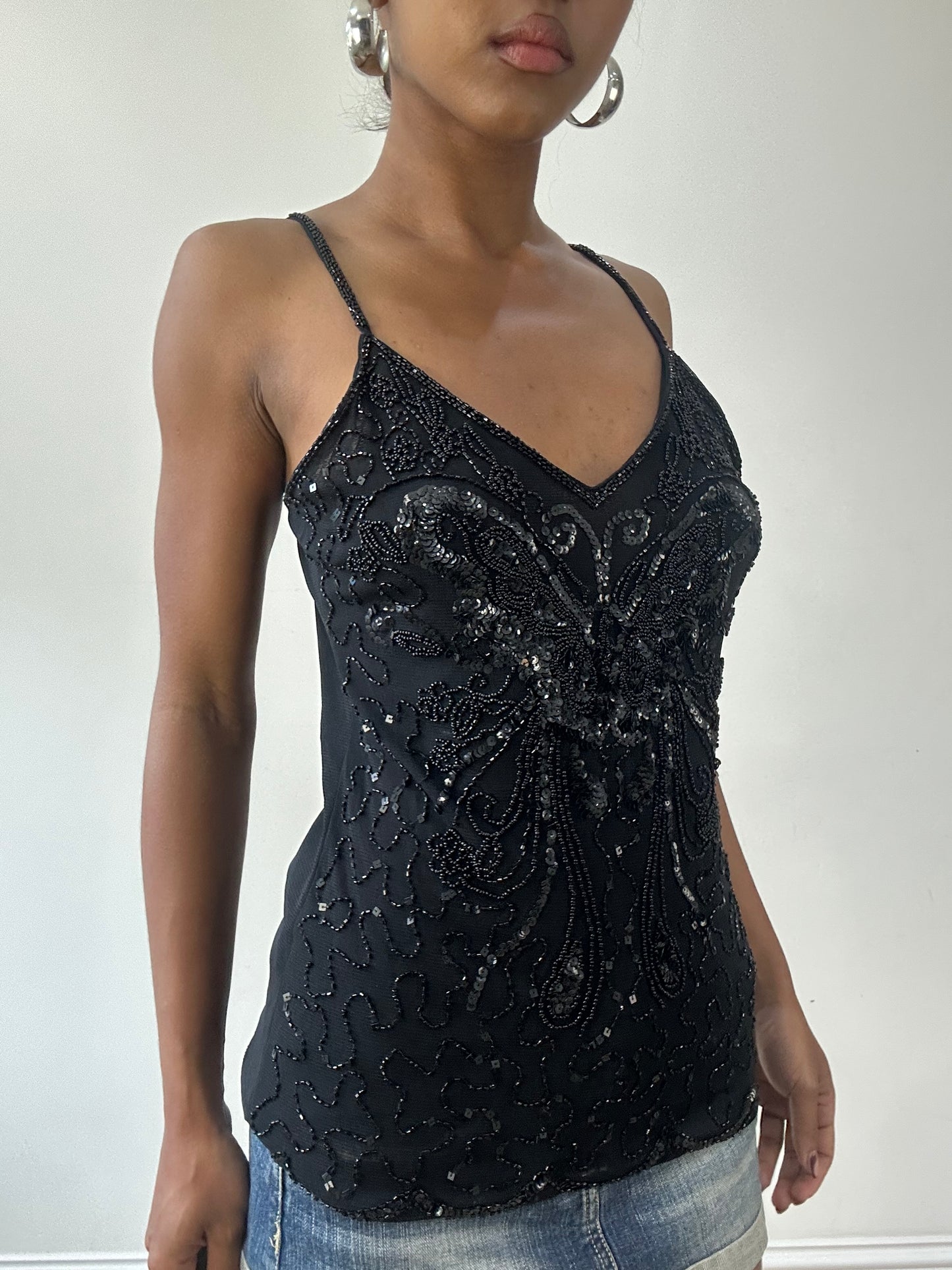 vintage edit thirty-one | medium black beaded butterfly cami top