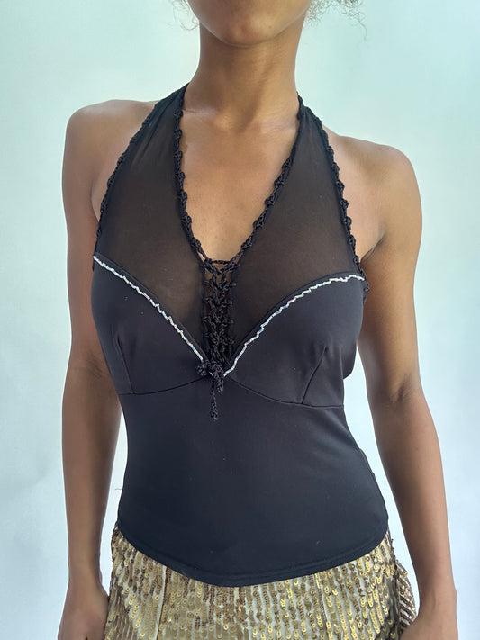 olivia rodrigo drop | small black halterneck mesh panel top