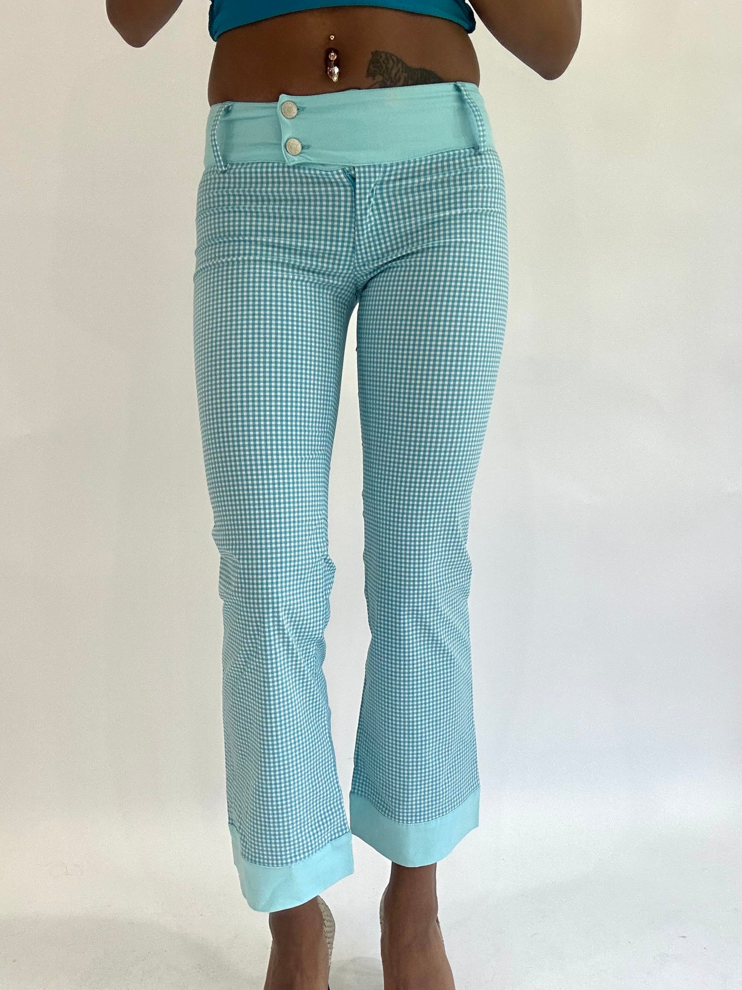 colourmaxxing drop | extra small blue gingham cropped trousers