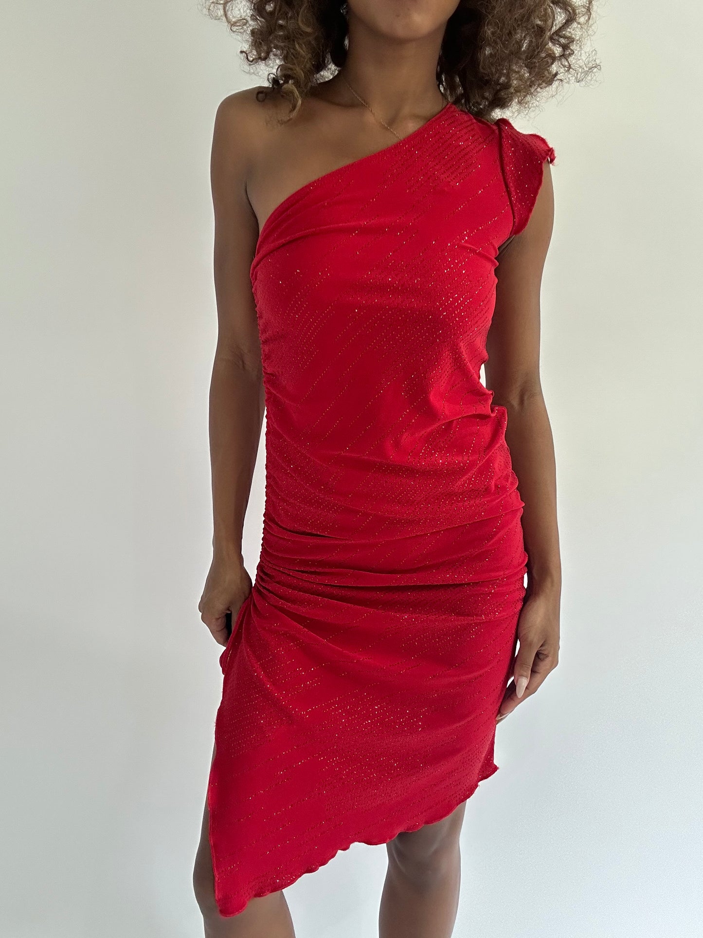 euro trash | small red glitter asymmetrical ruched mini dress