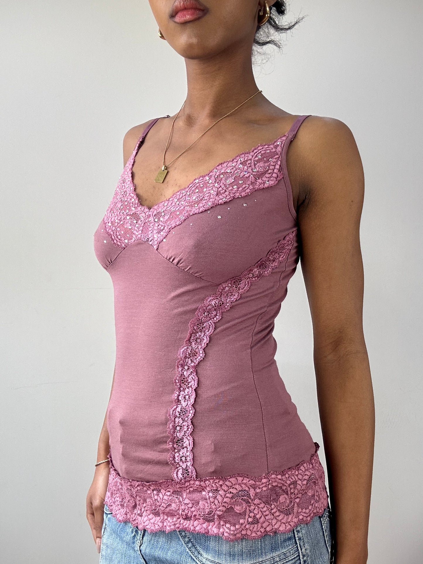 vintage edit fifteen | small pink lace cami top with rhinestones