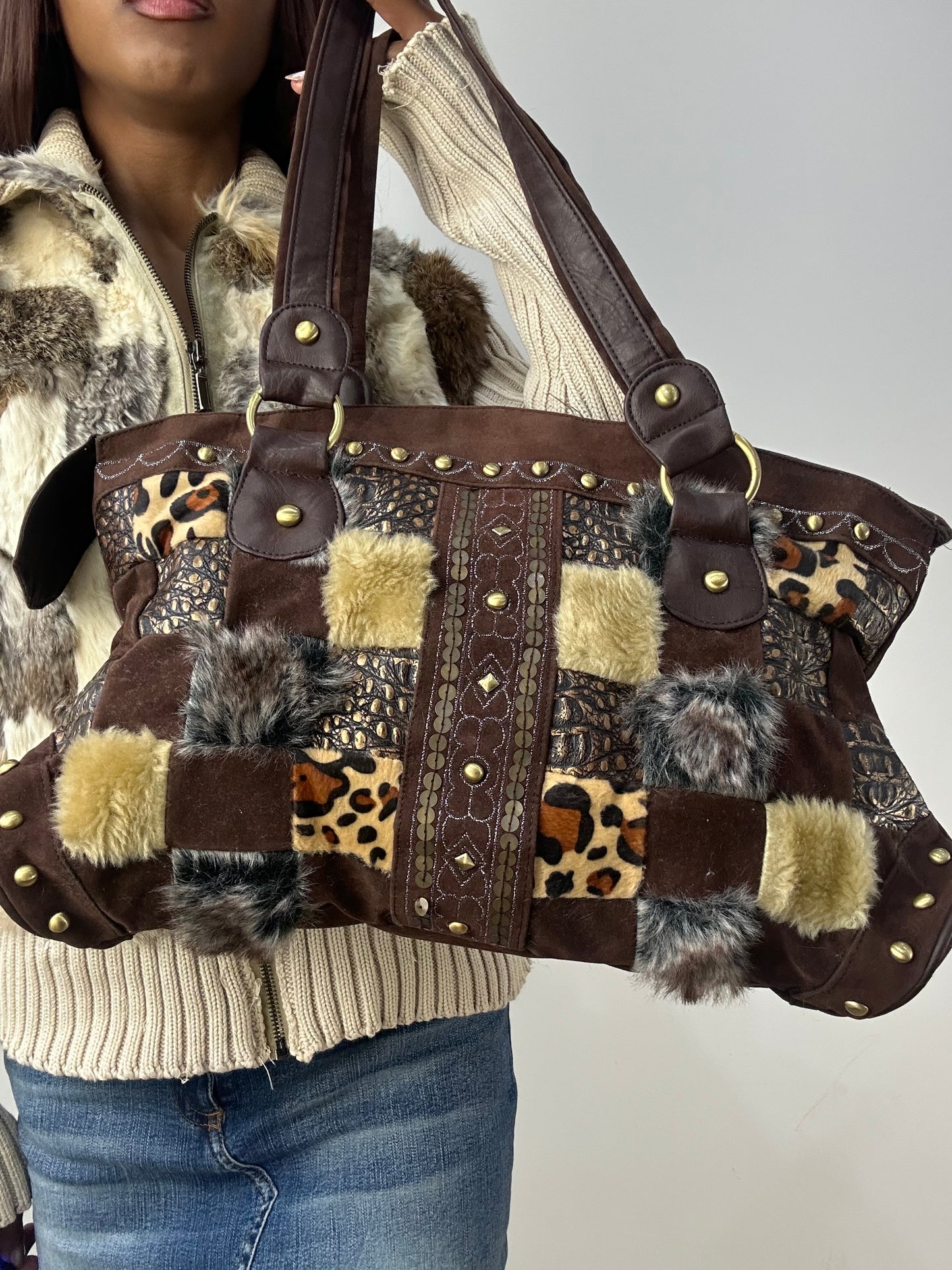 vintage edit thirty-three | brown faux fur patchwork shoulder bag