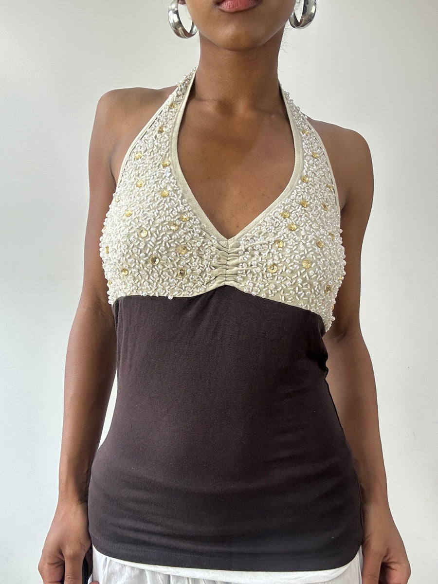 💻💚vintage edit treinta y uno | pequeño top de cuello halter marrón y crema con abalorios