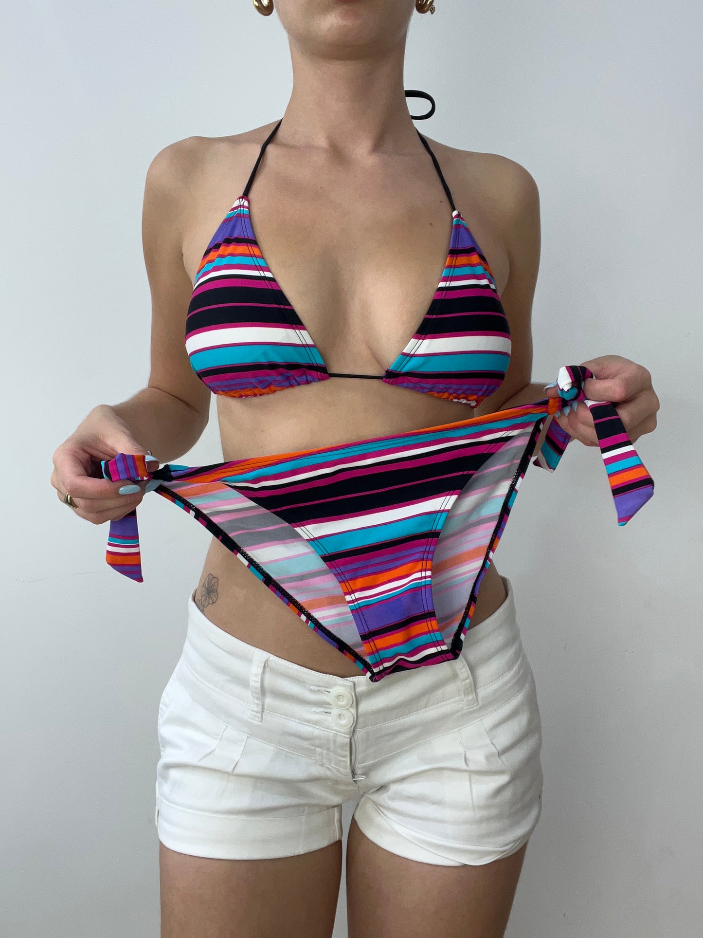 vintage edit thirty | medium purple, black and blue striped bikini set