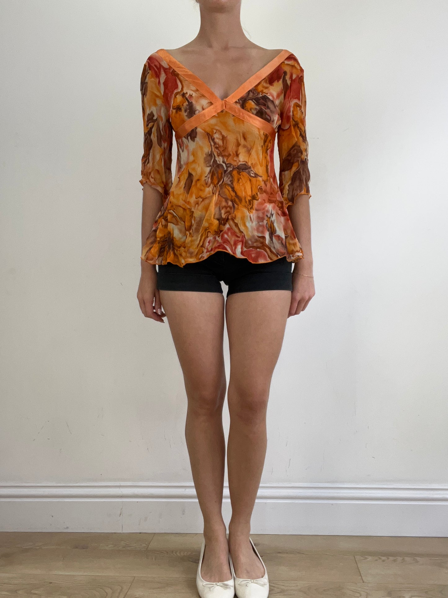 summer edit | small orange and brown mesh top with floral print