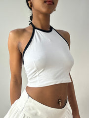💻‼️ small white halter neck crop top with black trim