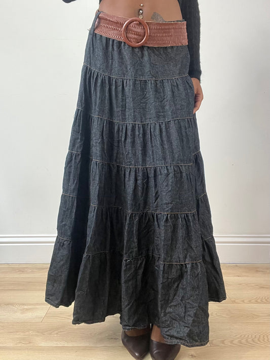 LFW edit | small blue tiered denim maxi skirt with built in braided belt