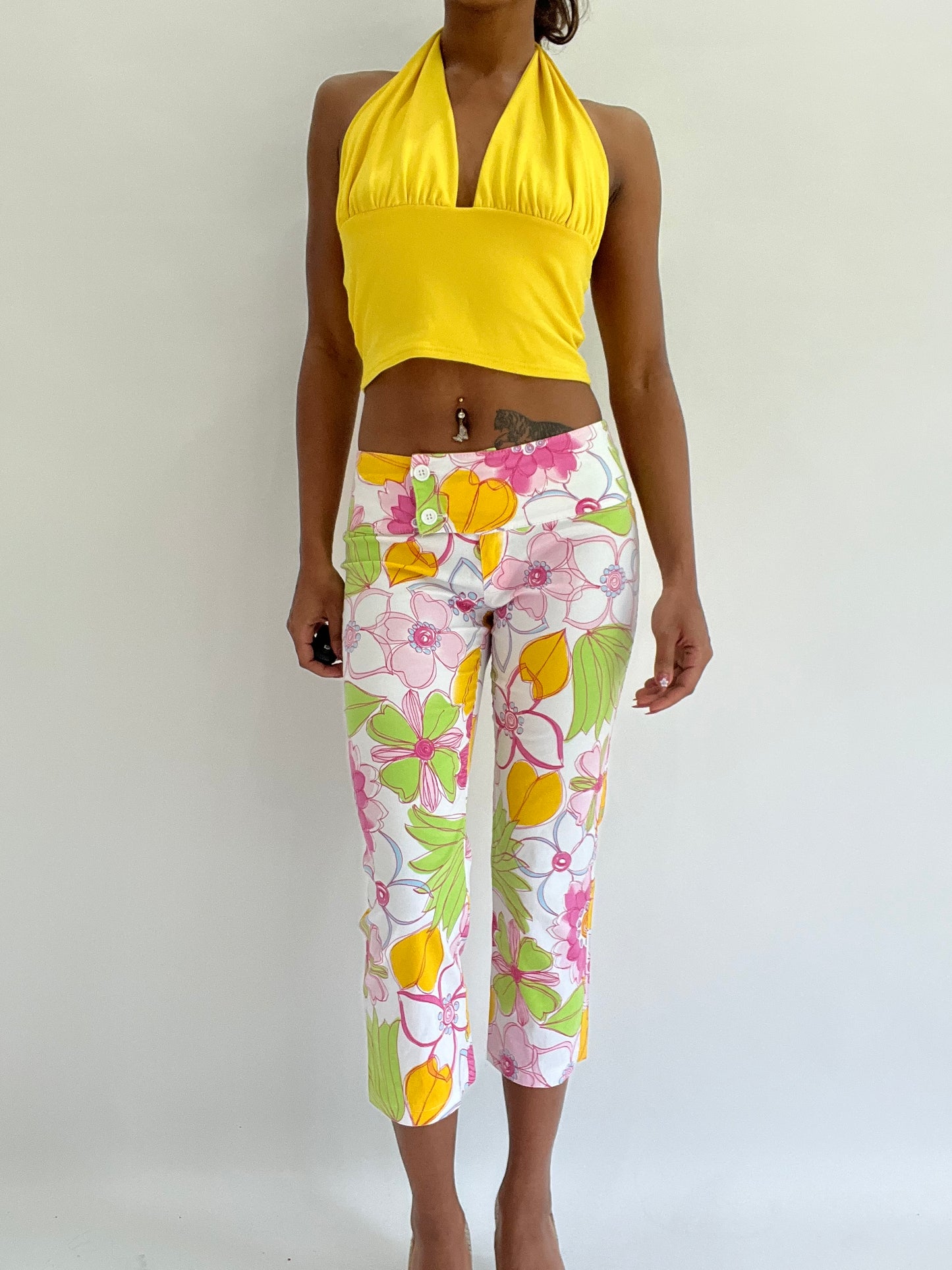 zara larsson drop | extra small white floral cropped trousers