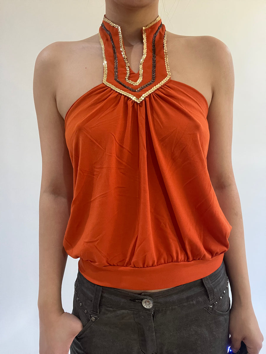 ‼️ | small orange sequin halterneck top