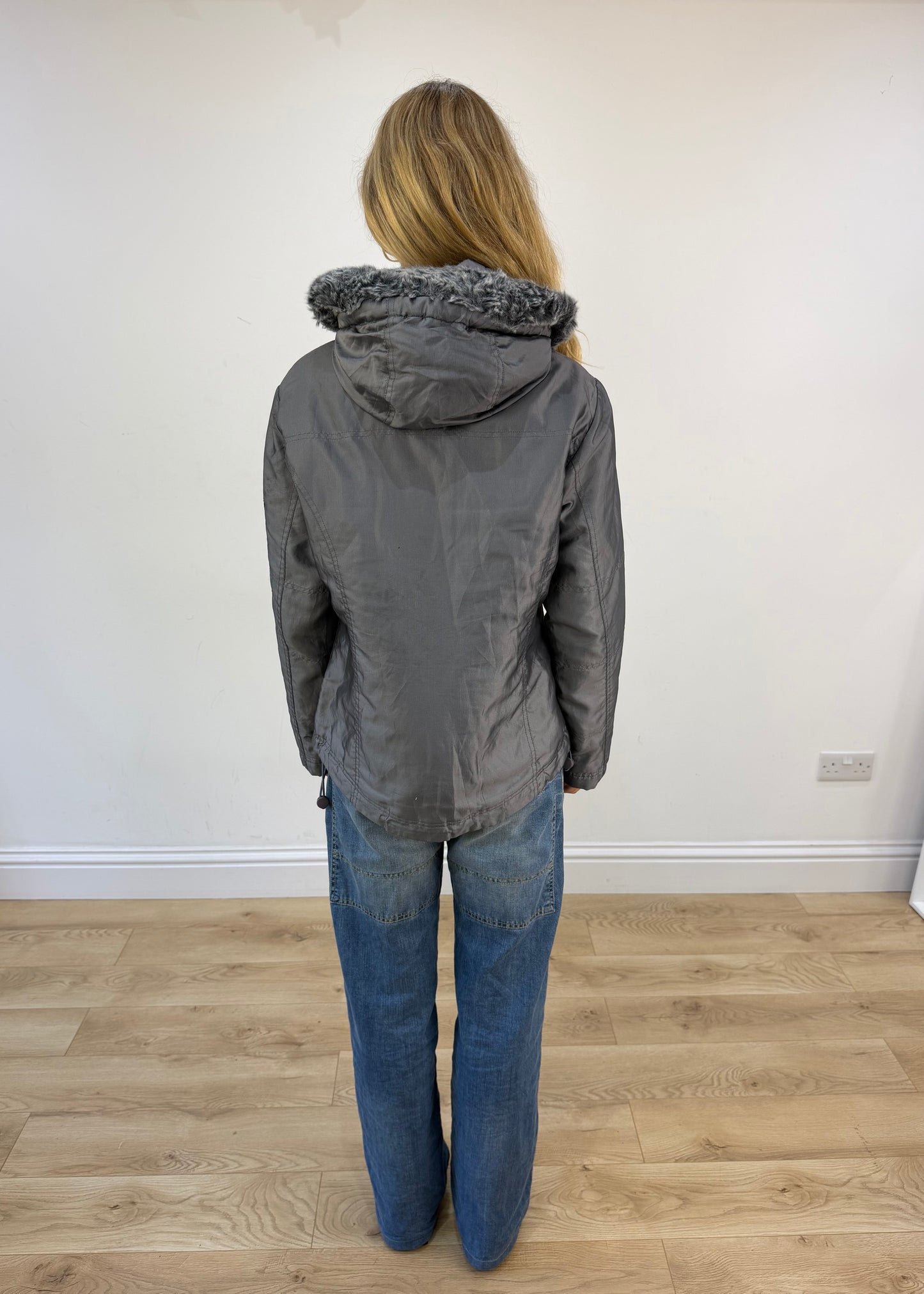 small grey coat with faux fur hood