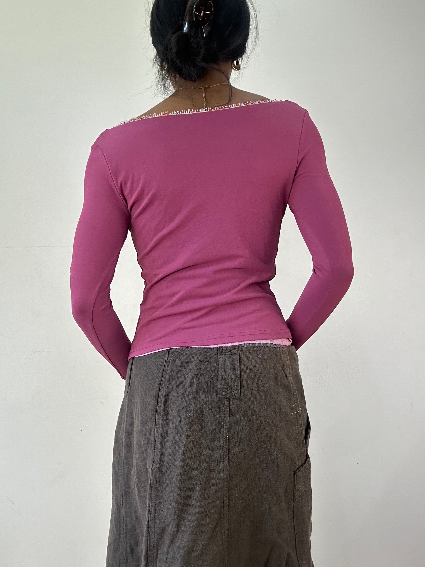 vintage edit twenty-one | small pink  long sleeve top with bead and lace details