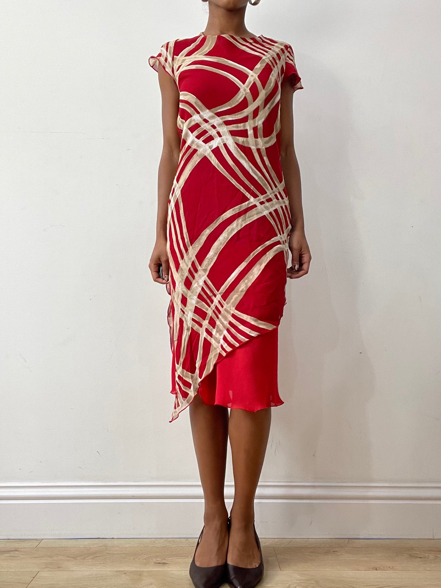 midsummer edit | small red midi dress with cream abstract print