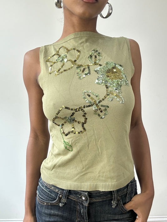 vintage edit thirty-one | small green sleeveless knit top with ribbed trim