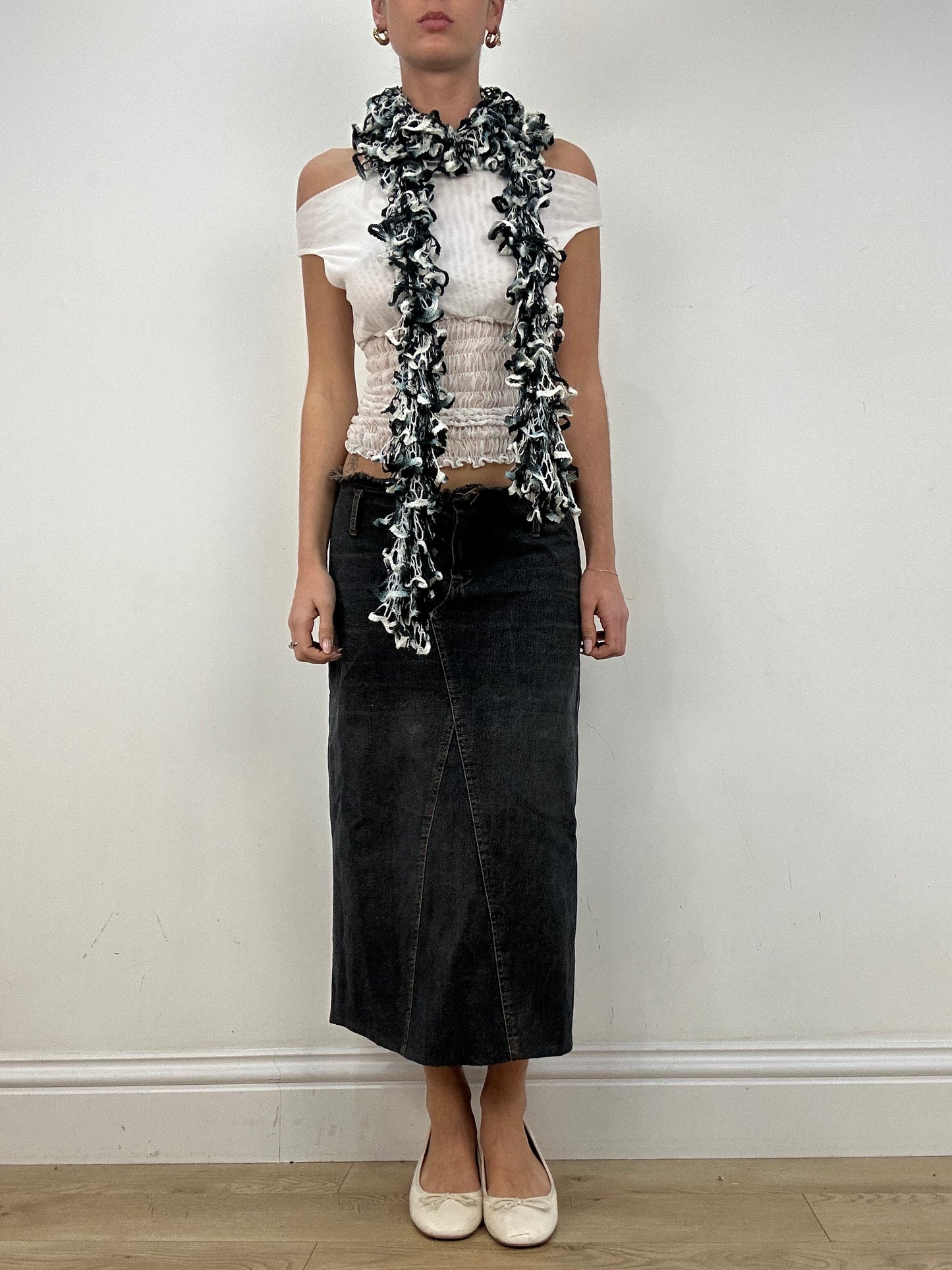 vintage edit ten | black and white ruffle scarf
