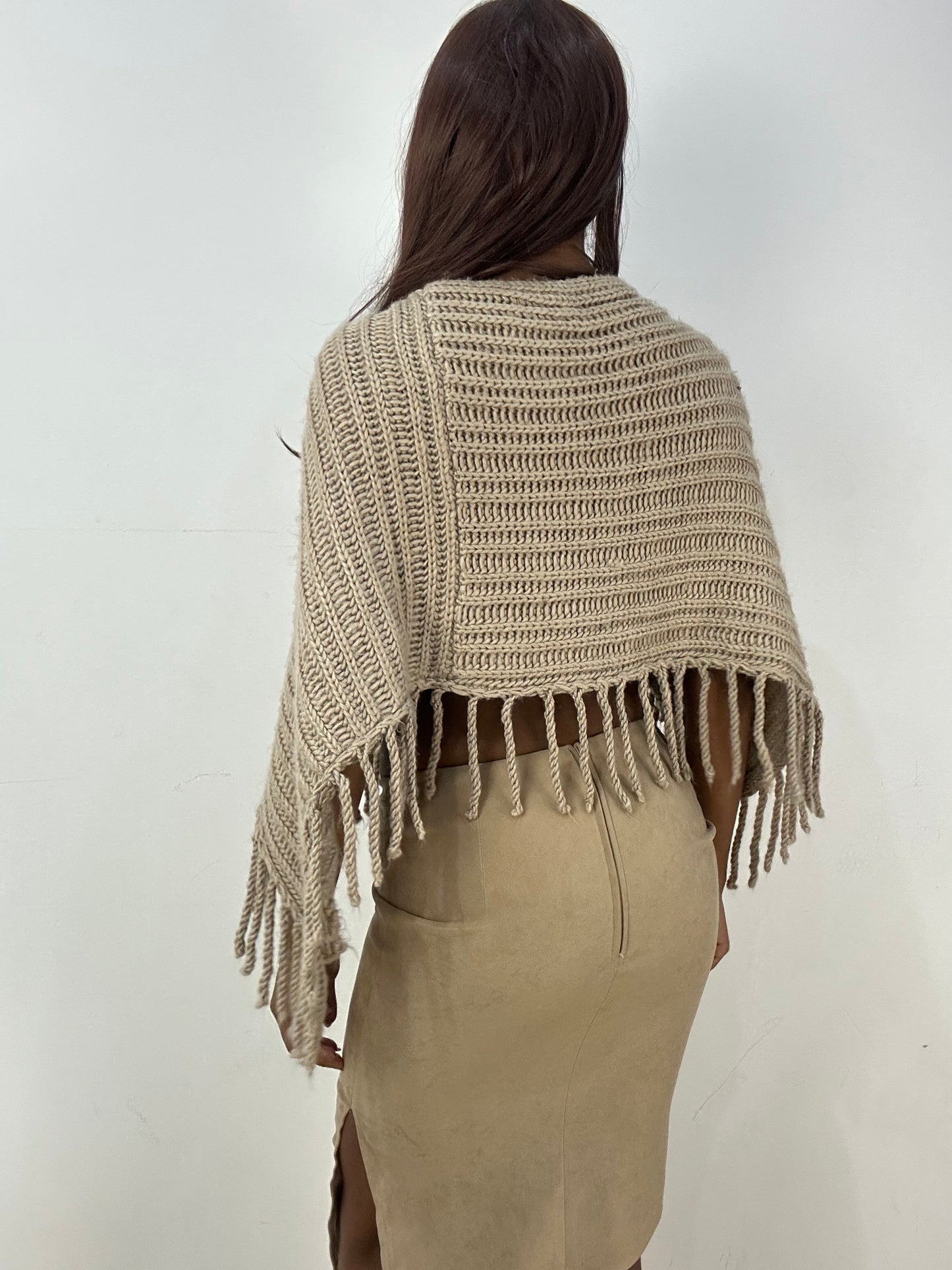 vintage edit thirty-three | small beige knit poncho with tassel fringe