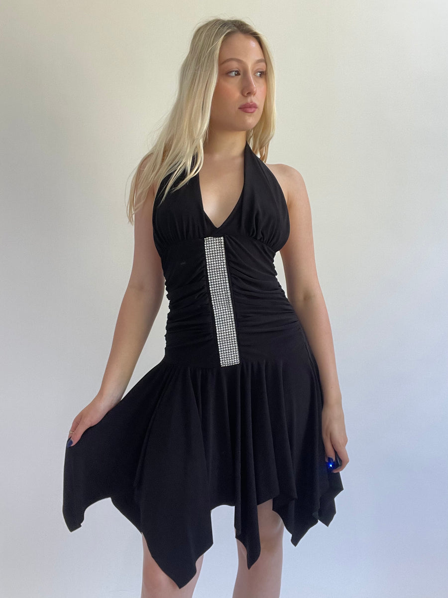 Y2K| medium black mini dress with gem details