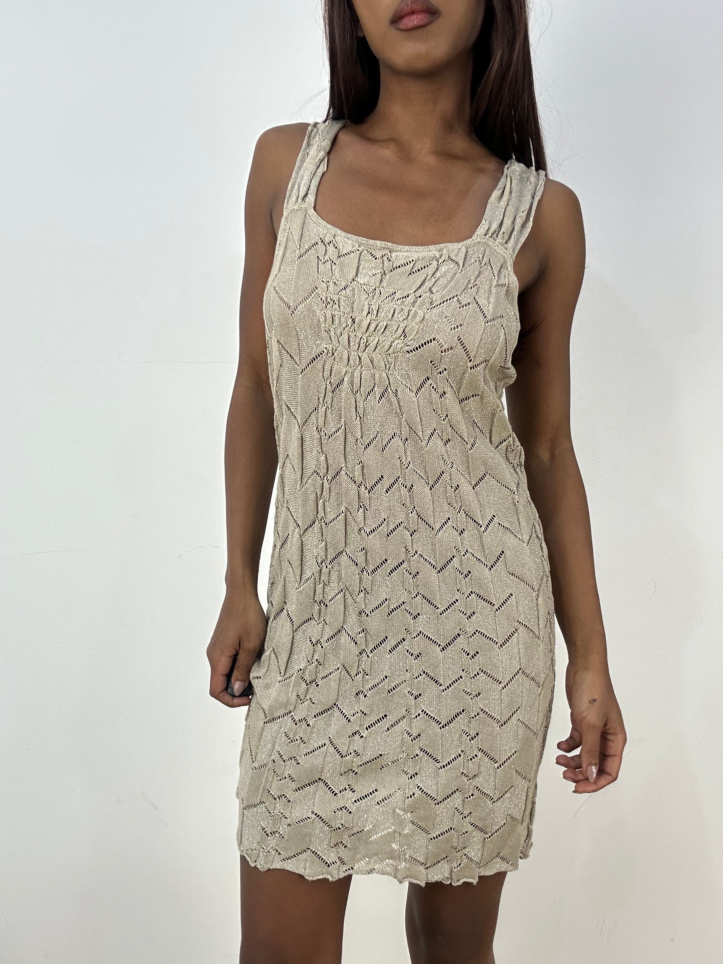 vintage edit thirty-three | small beige knit midi dress with floral detail