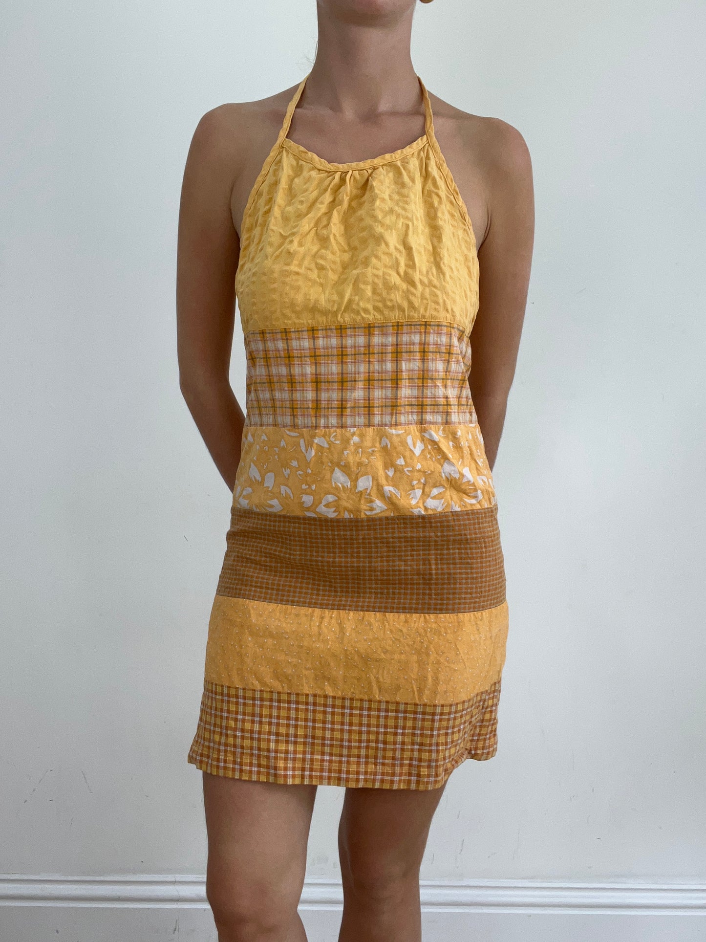 vintage edit twenty eight | extra small orange halterneck dress with panel prints