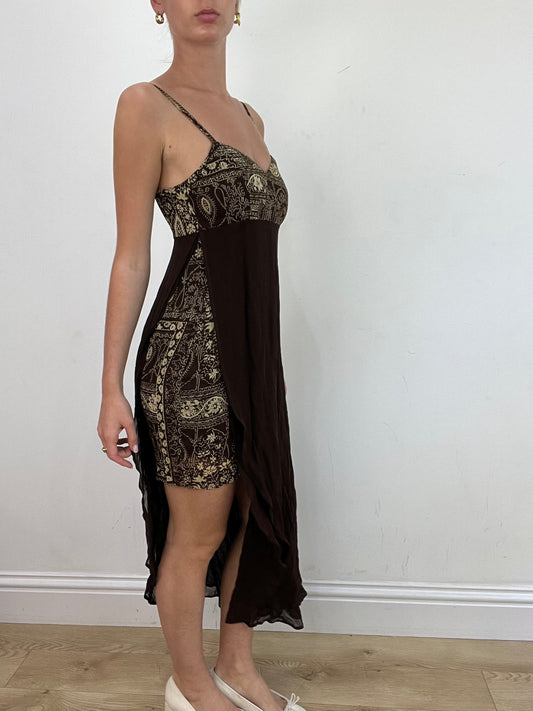 vintage edit: wedding guest | small brown asymmetric maxi dress with paisley print