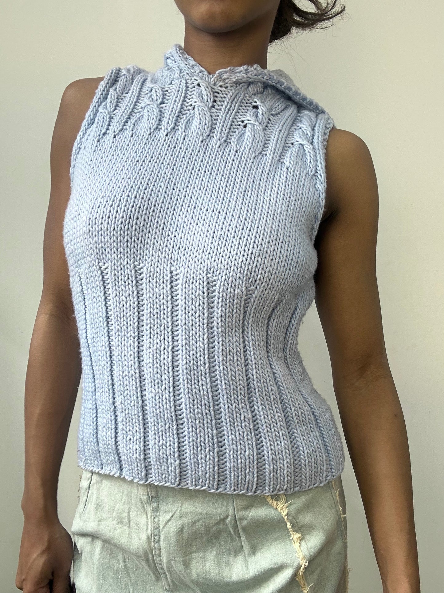 spring edit | small blue cable knit sleeveless hoodie top