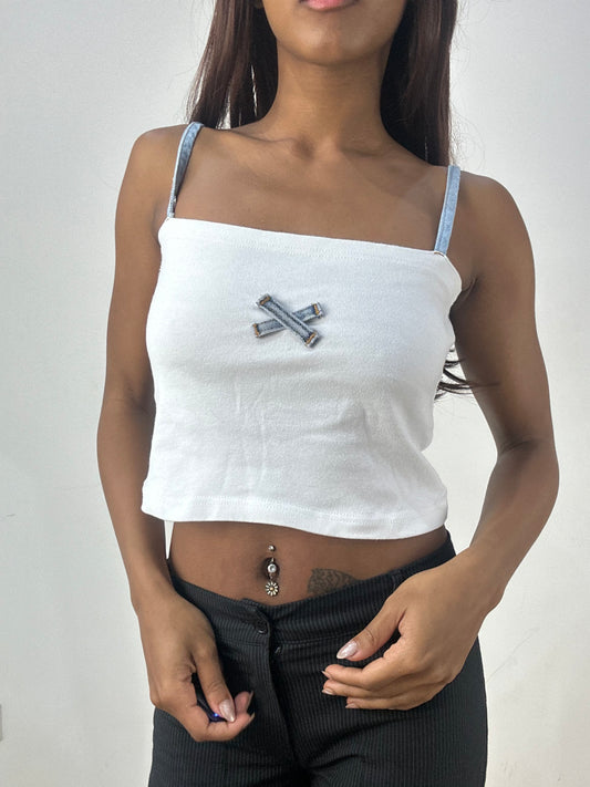 💻‼️ extra small white vest top with denim cross detail and denim straps