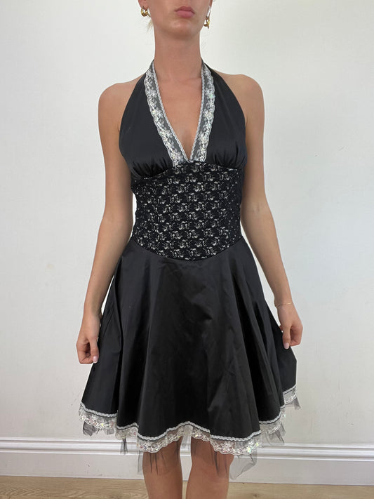 vintage edit: wedding guest | small black halter neck dress with white lace trim