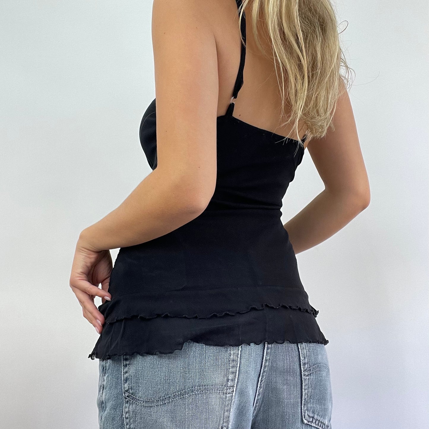 GRUNGE COQUETTE DROP | small black sparkly ruffle top