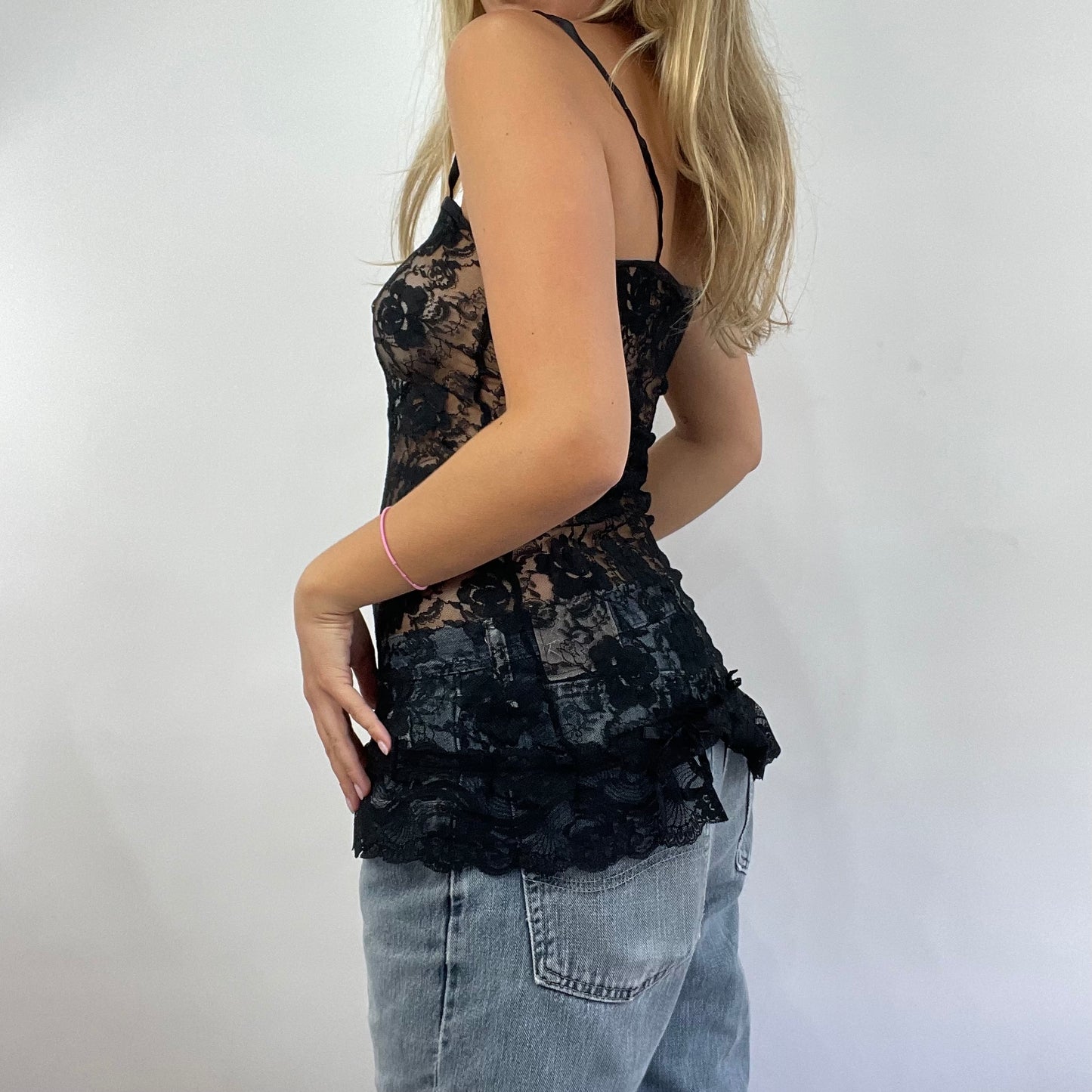 GRUNGE COQUETTE DROP | small black longline lace top
