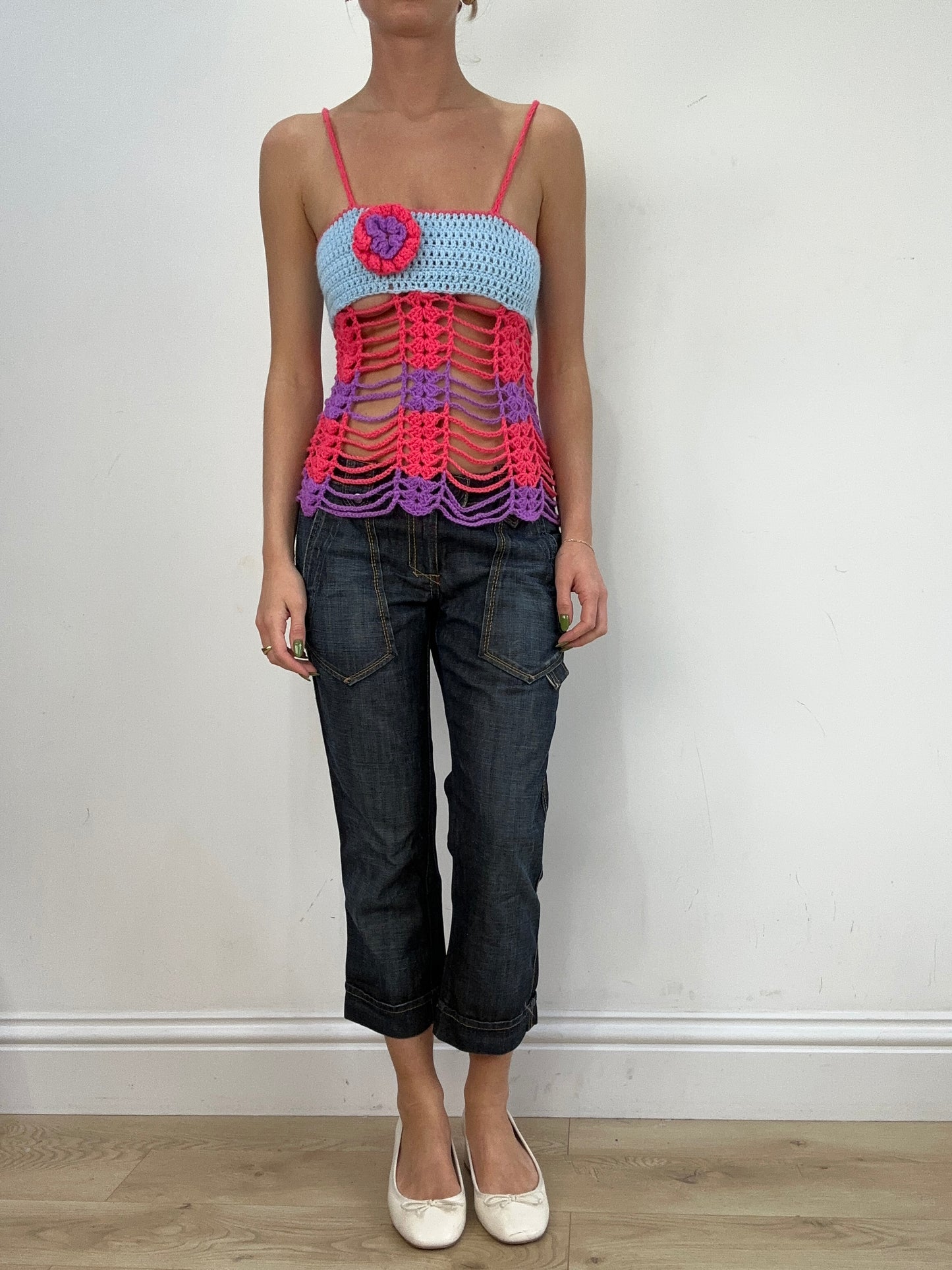 vintage edit seventeen | small pink and blue crochet cami